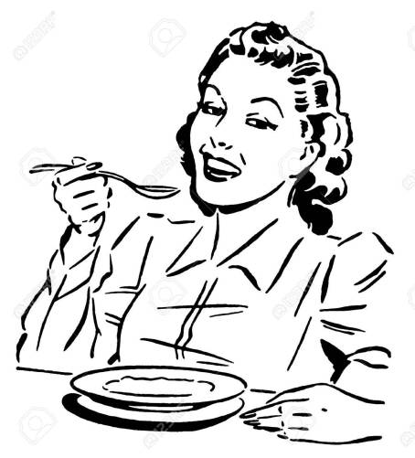 15208494-a-black-and-white-version-of-a-vintage-style-portrait-of-a-woman-eating